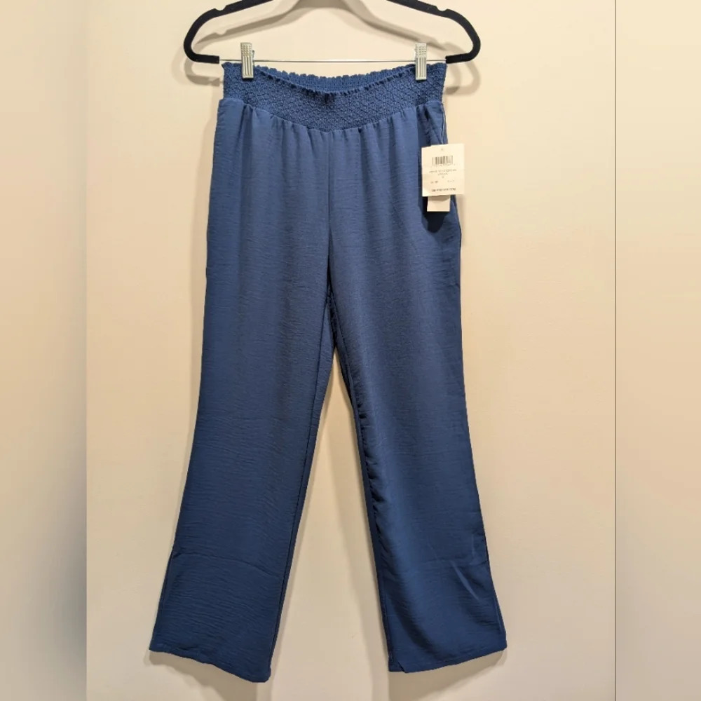 Blue Smocked Waist Straight Leg Pants